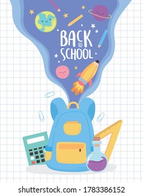 back to school, rucksack stationery and study supplies education cartoon vector illustration