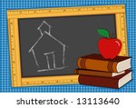 Back to School Ruler Blackboard, Schoolhouse chalk drawing, stack of books, apple. Copy space for education, back to school, literacy projects, scrapbooks. The EPS vector file and all its elements can be resized to any dimension without loss of quality.