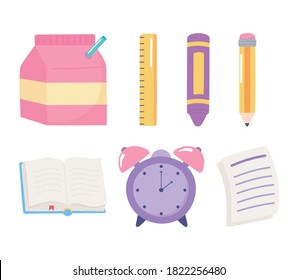 back to school, ruler pencil book paper crayon icons elementary education cartoon vector illustration