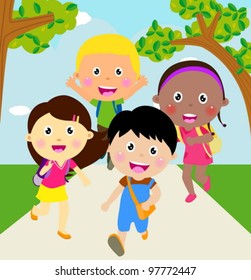  Back to school. Running kids.
