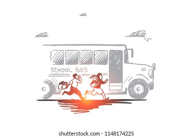 Back to school, rush, purpose, first of September concept. Hand drawn school bus with pupils concept sketch. Isolated vector illustration.