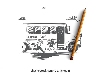 Back to school, rush, purpose, first of September concept. Hand drawn school bus with pupils concept sketch. Isolated vector illustration.