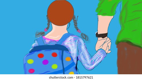Zurück zur Schule ist das kleine Mädchen mit blauem Rucksack, das zur Schule geht und dabei die Hand ihres Vaters hält