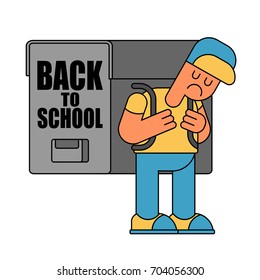 Back to school. sad Boy and Backpacks. Illustration for September 1. Schoolboy goes to school With schoolbag