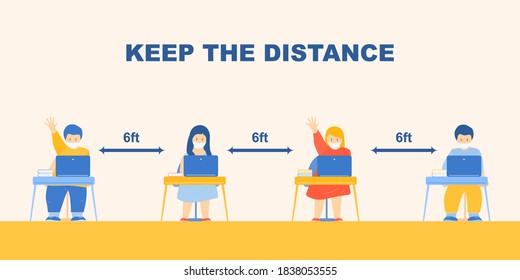 Back to school. Safe social distance at school during the coronavirus period. Children in masks sit at their desks at a safe distance. Safe school background template. Flat vector.