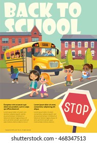 Back To School Safety Concept. Kids Riding On The School Bus. Vector Illustration.