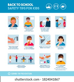 Back To School Safety Tips For Kids Poster: Hygiene, Social Distancing And Educational Tips To Prevent Coronavirus Covid-19 Spread