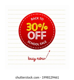 Back to school sale 30% off with notebook sheet background. Vector illustration