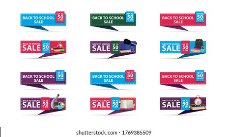 Back to school sale, up to 50% off, set of colorful discount banners in the form of textile marker decorated with school supplies
