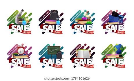 Back to school sale, up to 50% off, set of colorful discount banners in liquid shapes for your website with large title, red ribbon with offer and school supplies