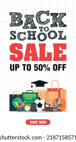Back to school sale up to 50% off flat design banner. Vector illustration