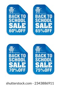 Back to school sale 60%, 65%, 70%, 75% off discount blue stickers set. Vector illustration