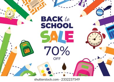 Back to school sale. 70% off. Horizontal banner with study school supplies: backpack, pencils, brushes, paints, ruler, sharpener,calculator, book. Stationery subjects. Flat illustration.