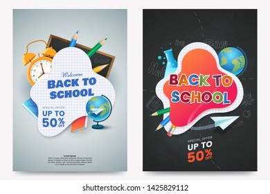 Back to school sale A4 poster design. Composition with text and colorful school supplies. Educational items. Dark chalkboard background. Elements for your design. Vector illustration.