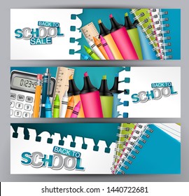 Back to school sale advertisement banner set with 3d realistic education supplies - ring notebooks, markers, pencils, calculator. Typography text on a torn out sheet of paper. Vector illustration.
