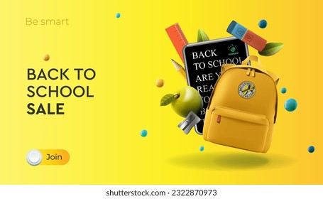 Back to school Sale, advertising banner. Learn and study. Design template with school supplies, vector illustration