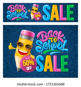 Back to school sale. Advertising banners design template set with cheerful cartoon pencil and calligraphy lettering. Pattern with subjects related to education on blue background. Vector illustration.