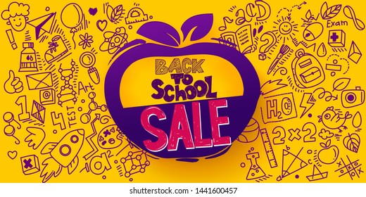 Back to School Sale Apple symbol. Sketch style banner with line art symbols of education, science objects icons. Vector hand drawn doodle illustration. Hand lettering and ink drawings