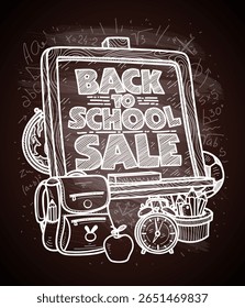 Back to school sale art hand drawn graphic poster with school appliances