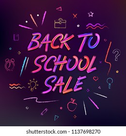 Back To School Sale Background. Brushstrokes Lettering For Banners, Posters, Flyers. Color Oil Or Acrylic Paint Letters. Pencil Hand Drawn Elements And Icons. 