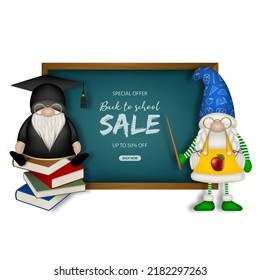 back to school sale background with chalckboard and gnomes