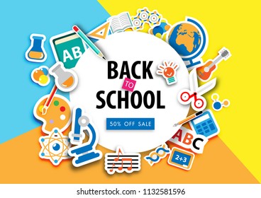 Back to school sale background with flat icon vector and illustration