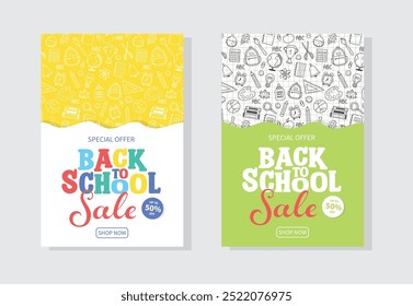 Back to School Sale background with hand drawn elements. Set. Vector illustration