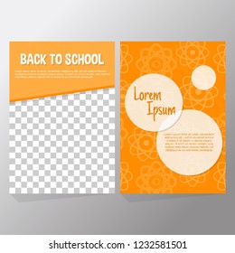 Back to school sale background layout decorate with falling orange silhouette atom, transparent space for image, bubble. design for shopping sale, promo poster, frame leaflet, web banner template