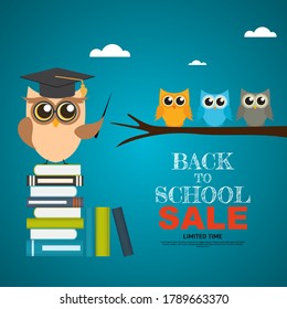 Back to School Sale Background with Owl Teacher. Vector Illustration EPS10