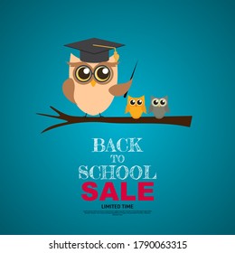 Back to School Sale Background with Owl Teacher. Vector Illustration EPS10