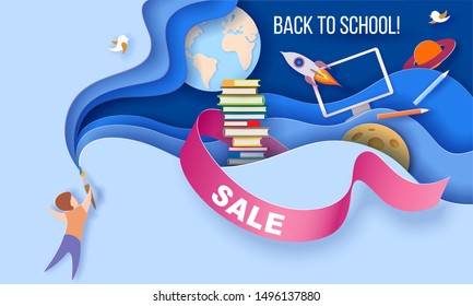 Back to school Sale background. Paper cut 3d craft style. Boy with brush on blue background and multi layered shapes with teaching, education and learning symbols design. Vector illustration.