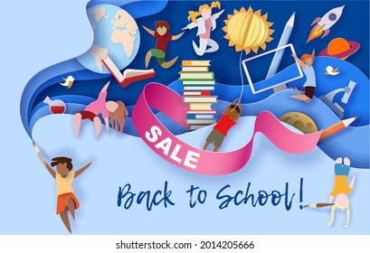 Back to school sale background . Paper cut cartoon kids and education supplies set in trendy paper cut craft style. Modern origami teaching and learning design. Vector illustration.