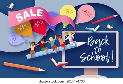 Back to school sale background . Paper cut cartoon kids and education supplies set in trendy paper cut craft style. Modern origami teaching and learning design. Vector illustration.