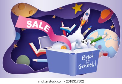 Back to school sale background . Paper cut cartoon kids and education supplies set in trendy paper cut craft style. Modern origami teaching and learning design. Vector illustration.