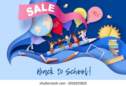 Back to school sale background . Paper cut cartoon kids and education supplies set in trendy paper cut craft style. Modern origami teaching and learning design. Vector illustration.