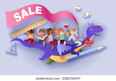 Back to school sale background. Paper cut cartoon kids and education supplies flying on dragon in trendy paper cut craft style. Modern origami teaching and learning design. Vector illustration.