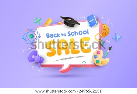 Back to school sale background with speech bubble design. 3d school concept elements. Vector illustration template for banner, website and promotion.