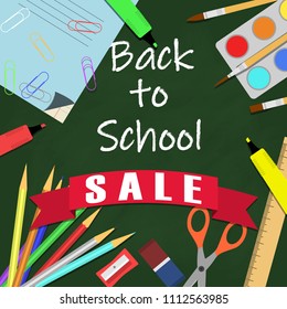 Back to school sale background with school supplies, chalkboard and text. Vector EPS 10.