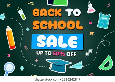 Back to school sale background with school supplies on blackboard.