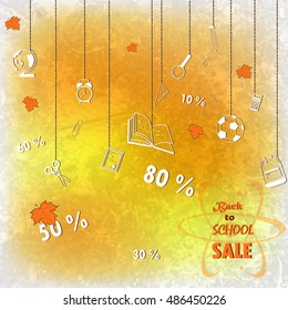 Back to school sale background with school supplies on bright background. design template for banner, poster.  vector illustration.