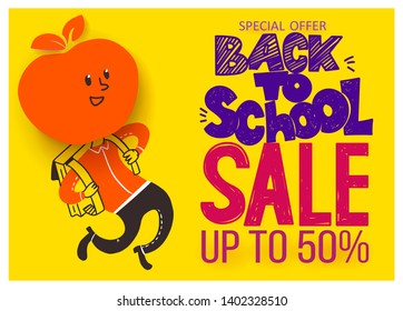 Back to school Sale banner. Apple symbol of education is had of schoolboy hy run with satchel. Vector doodle illustration with hand lettered sketch style text greetings.