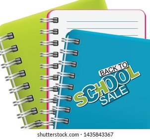 Back to school sale banner. Background with ring notebooks education concept. Realistic vector illustration.