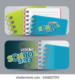 Back to school sale banner. Background with ring notebooks education concept. Realistic vector illustration. Blue and green colors.