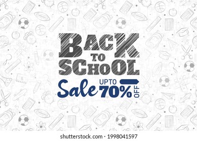 back to school sale banner background. back to school written in black board with hand drawn vector doodle patterns