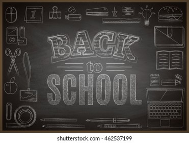 Back to school sale or banner background with stationery. White chalk on blackboard. Vector illustration.