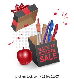 Back to school sale banner with black box decorated red bow, poster background with realistic school supplies. Special offer. Vector illustration