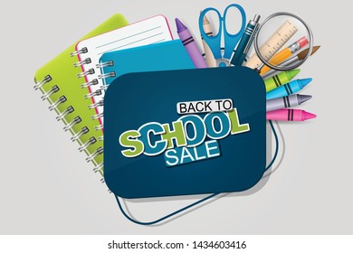 Back to school sale banner with colorful wax crayons, scissors, magnifier, ruler, pencil, and other education supplies. Reatistic vector illustration.