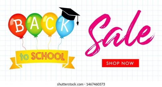Back to school sale banner with colorful helium balloons and yellow ribbon. Special offer discount design, shop now text on school items and elements. Vector illustration