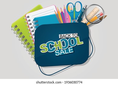 Back to school sale banner with colorful wax crayons, scissors, magnifier, ruler, pencil, and other education supplies. Reatistic vector illustration.