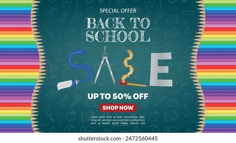 back to school sale banner with colorful pencils and school supplies